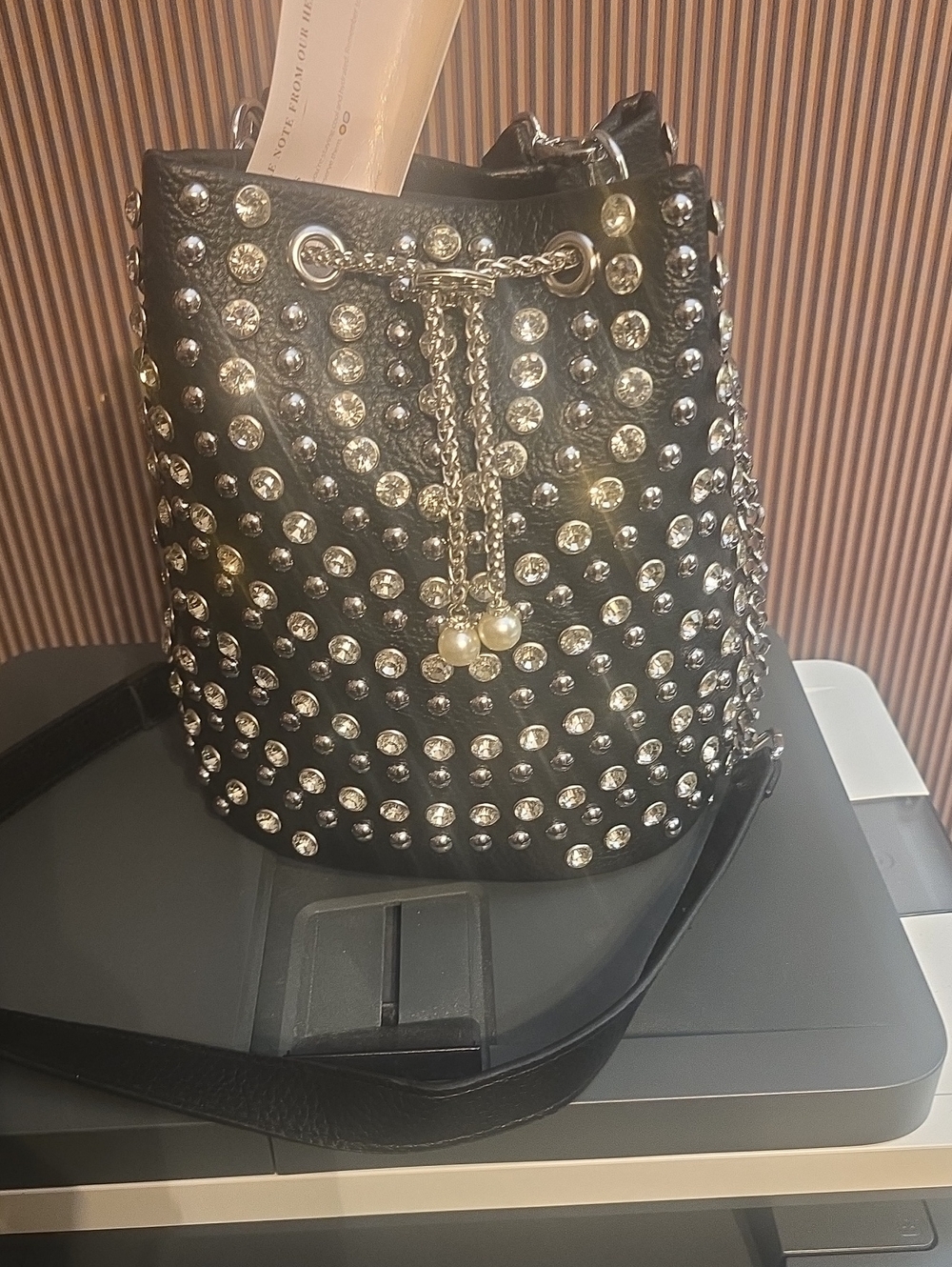 Black Studded Bucket Bag with Chain Drawstring